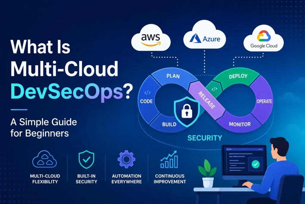 Multi-Cloud DevSecOps illustration showing AWS, Azure, Google Cloud integration with DevOps lifecycle and security workflow