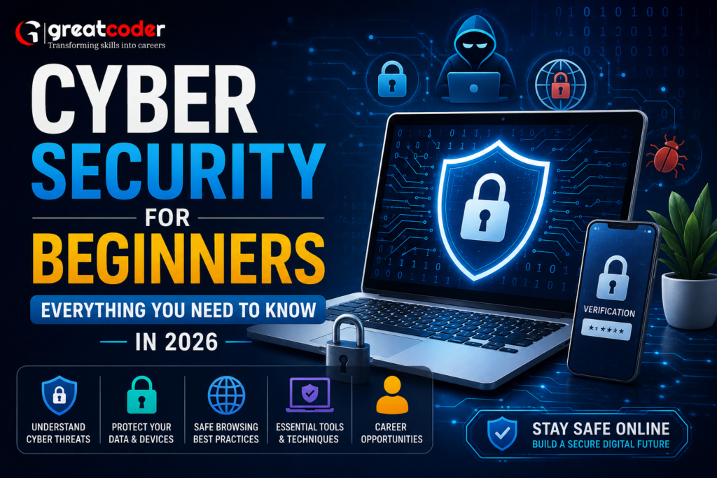 Cyber Security for Beginners 2026 banner featuring Greatcoder logo, laptop security shield, mobile verification screen, cyber threat icons, and futuristic digital protection concept.
