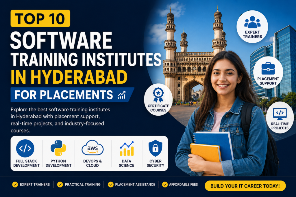 Top 10 software training institutes in Hyderabad for placements banner featuring a student, Charminar, IT buildings, and popular software courses like Python, Full Stack, DevOps, Data Science, and Cyber Security.