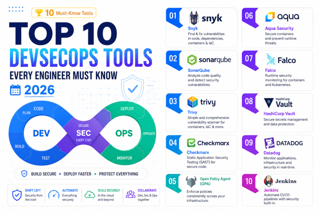 Infographic showcasing the top 10 DevSecOps tools for 2026, including Snyk, SonarQube, Trivy, Checkmarx, Open Policy Agent (OPA), Aqua Security, Falco, HashiCorp Vault, Datadog, and Jenkins. The design features a DevSecOps infinity loop, security-focused visuals, and a clean white background.