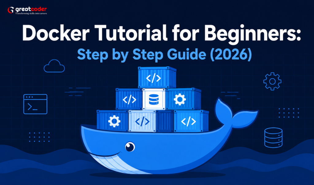 Docker Tutorial for Beginners 2026 banner featuring a Docker whale carrying code containers with the GreatCoder logo on a blue tech background.