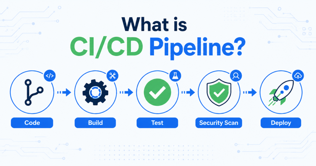 Flat-style illustration of a CI/CD pipeline showing Code, Build, Test, Security Scan, and Deploy stages with icons on a modern technology background